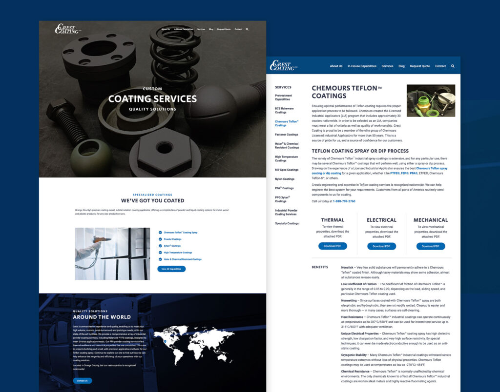 Crest Coating website pages mockup